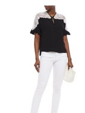 Sandro Paris Gwenala Lace Panel Crepe Blouse Black Ivory Ruffle Sleeve 2 US M